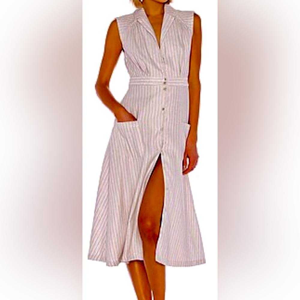 L’Acadamie Helene Size M Sleeveless Striped  Beige and Navy Button-Down Dress